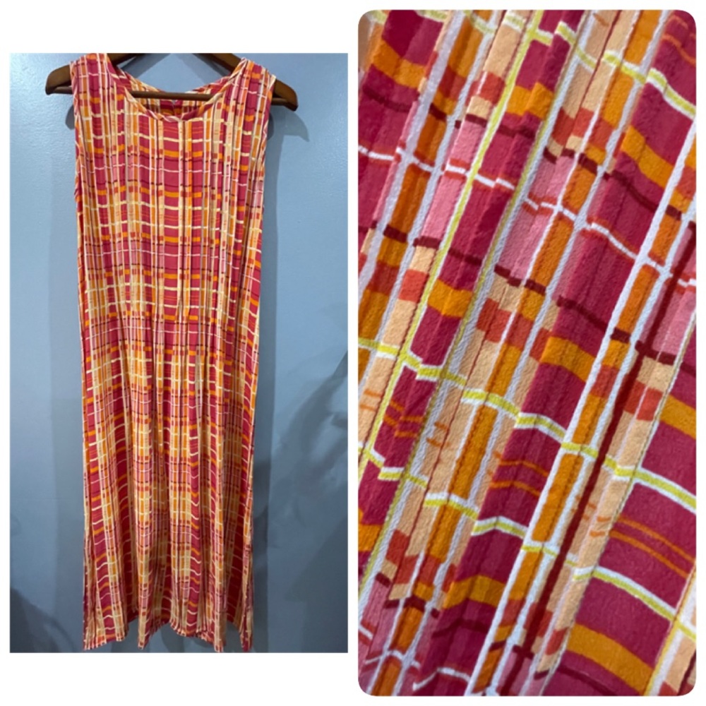 Plaid Sleeveless Long Dress Orange Multi Color Size L